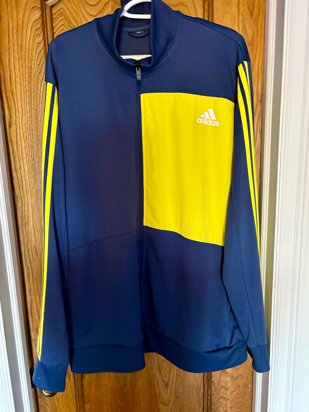 Men's Adidas Full Zip Track Jacket with Yellow chest panel and stripes.